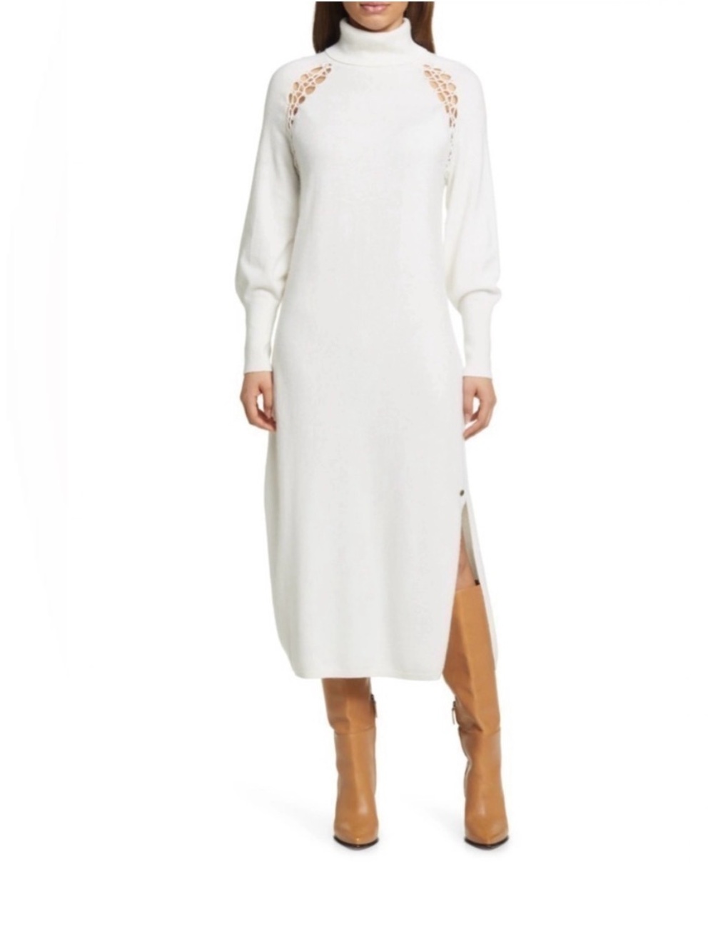 TED BAKER Malori Knit Turtleneck Cable-Accent Midi Dress